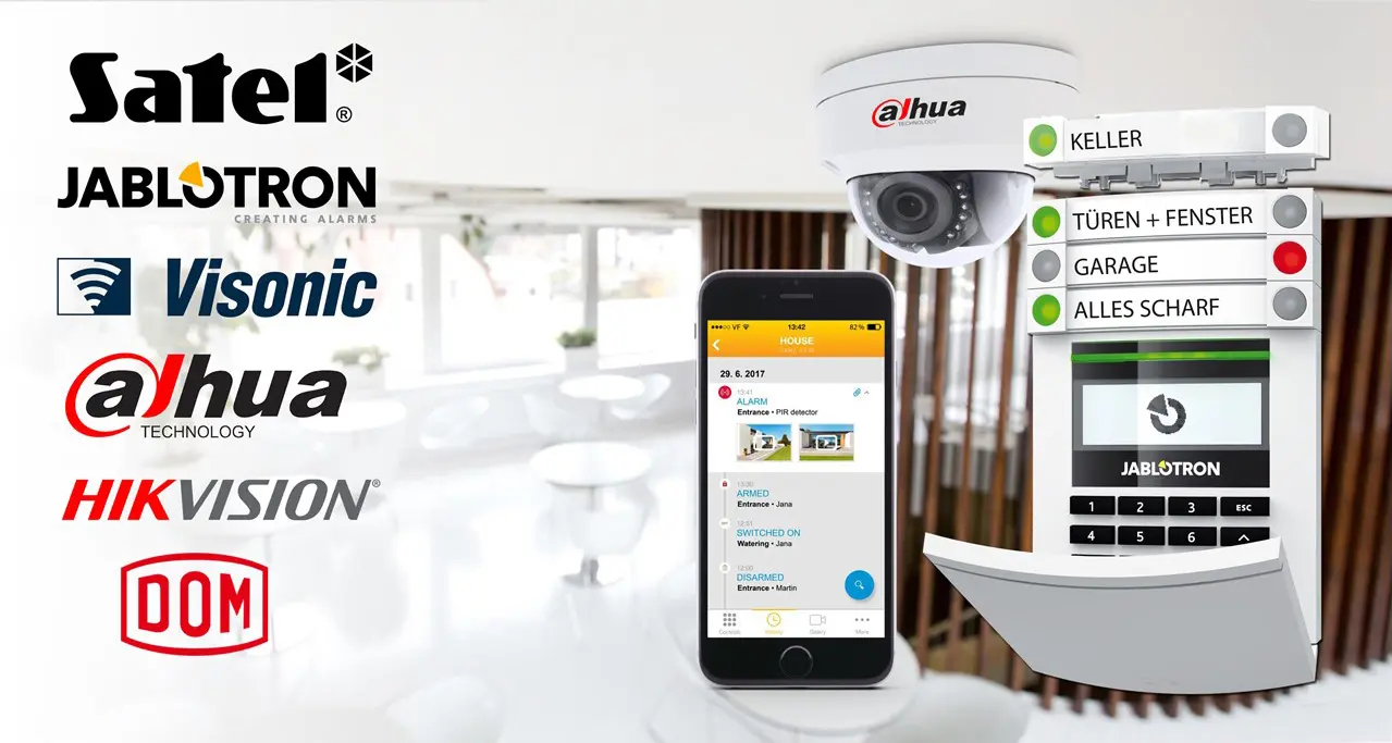Alarmsysteme und Videoüberwachung von Satel, Jablotron, Visonic, Dahua, Hikvision und DOM mit mobiler App-Steuerung